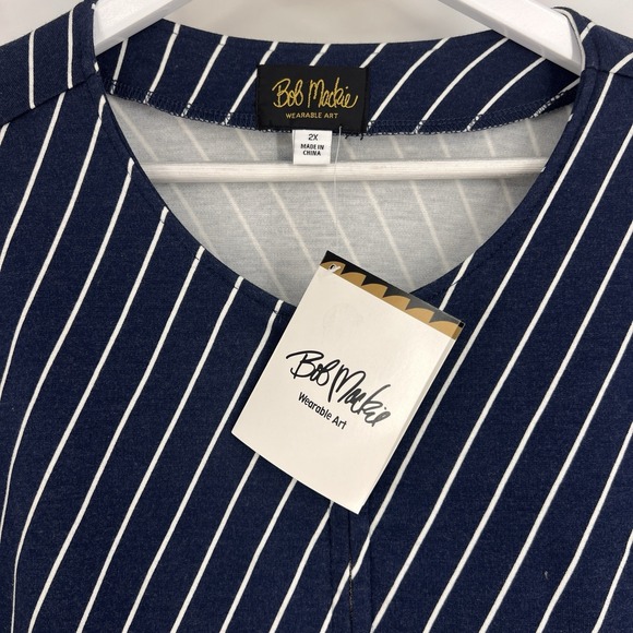 NWT BOB MACKIE 2X Wearable Art Navy Blue Stripe Floral Print Front Zip Jacket - Picture 2 of 5